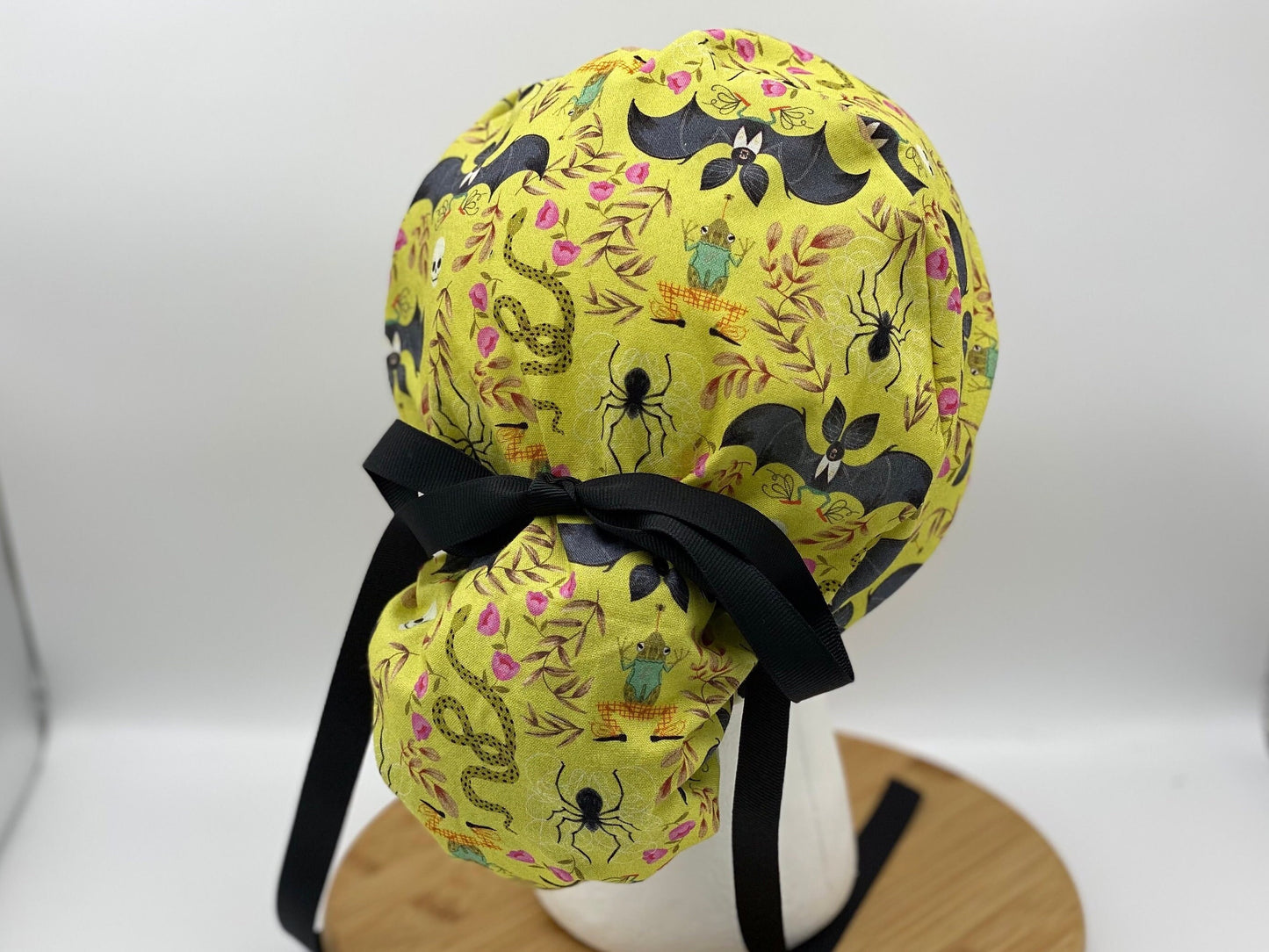 Halloween ponytail women’s scrub cap, green bat print Halloween scrub hat, adjustable pouch women’s scrub hat