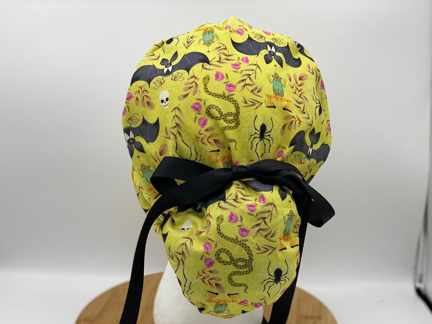 Halloween ponytail women’s scrub cap, green bat print Halloween scrub hat, adjustable pouch women’s scrub hat