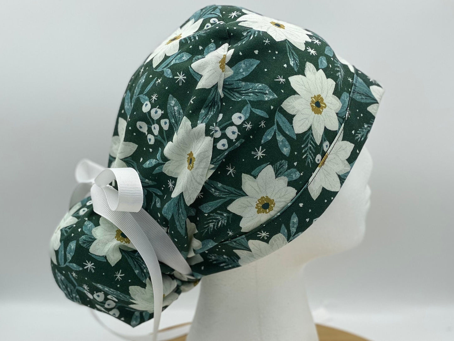 Winter floral women’s ponytail scrub cap, winter scrub hat, Bonnet Head Designs