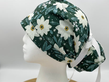 Winter floral women’s ponytail scrub cap, winter scrub hat, Bonnet Head Designs