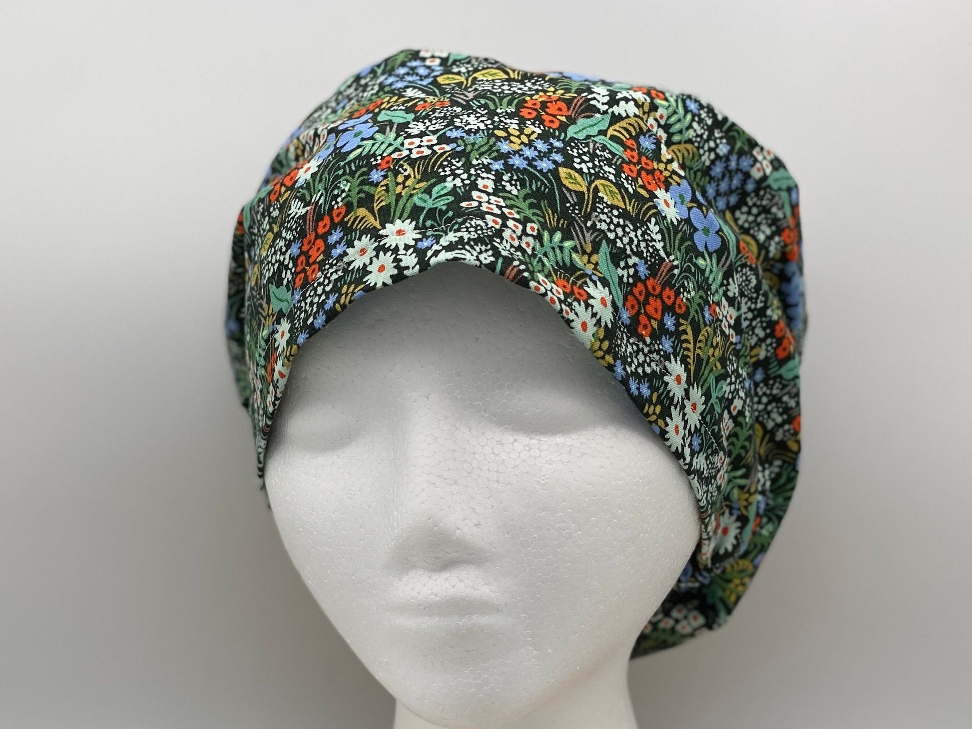 Green hunter meadow euro scrub hat, green meadow floral scrub cap, Bonnet Head Designs