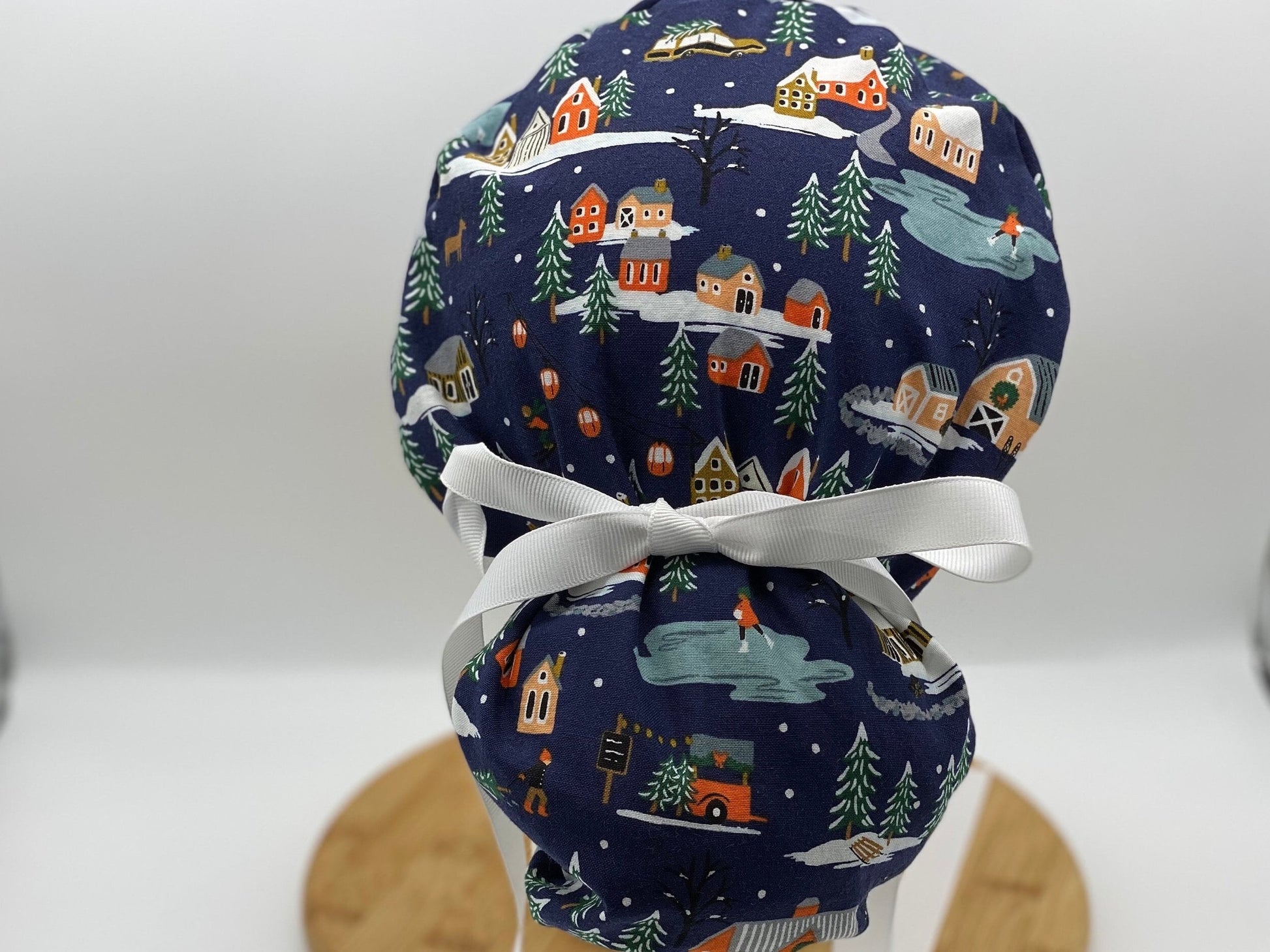 Navy Winter village scrub cap, Winter skiing scrub hat, Bonnet Head Designs