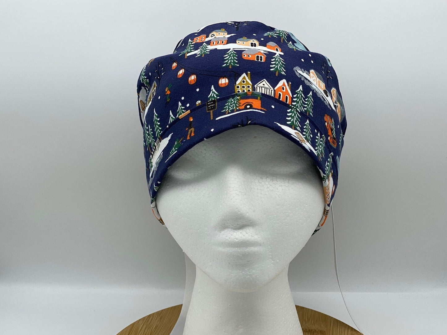 Navy Winter village scrub cap, Winter skiing scrub hat, Bonnet Head Designs