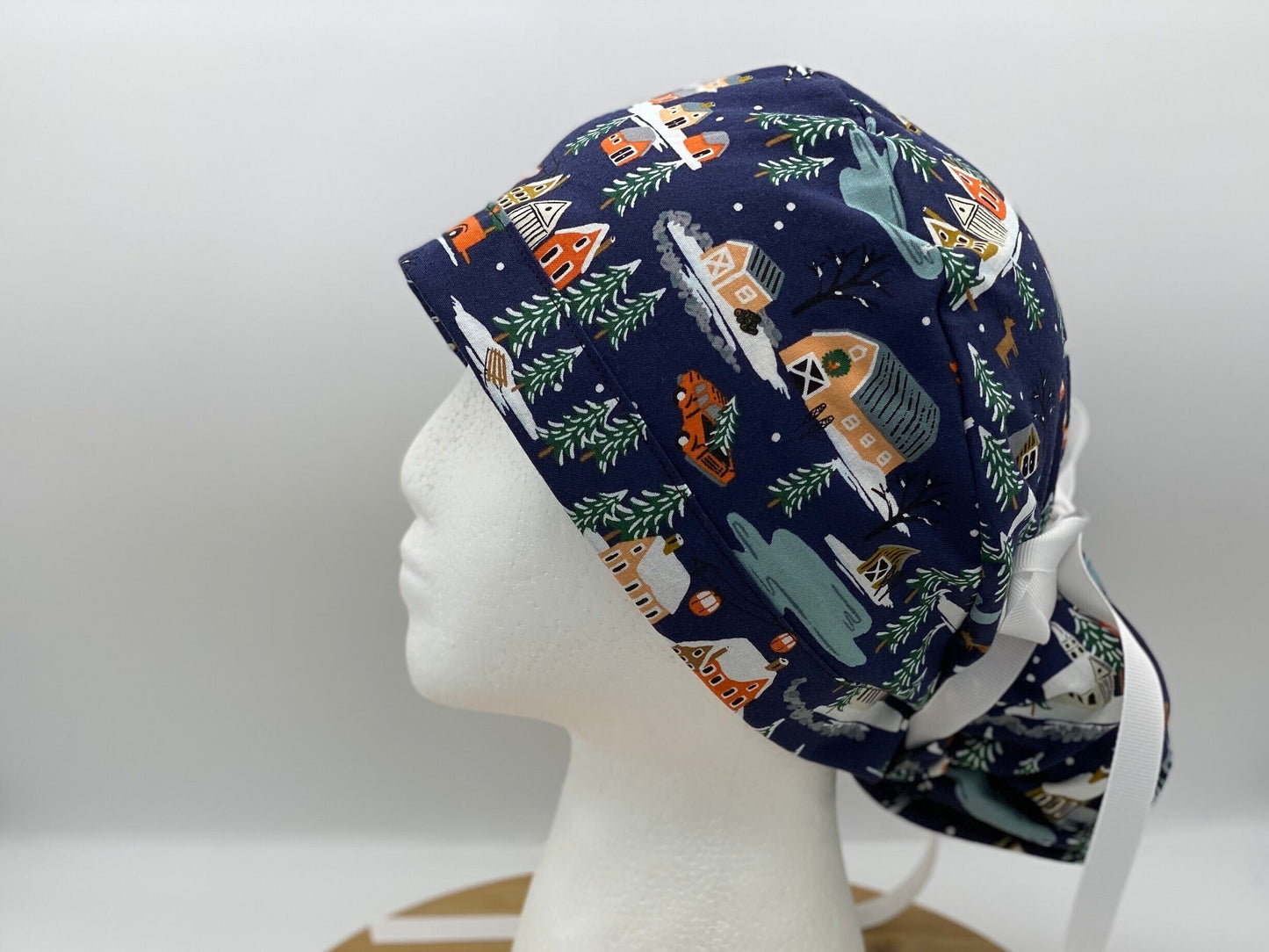 Navy Winter village scrub cap, Winter skiing scrub hat, Bonnet Head Designs