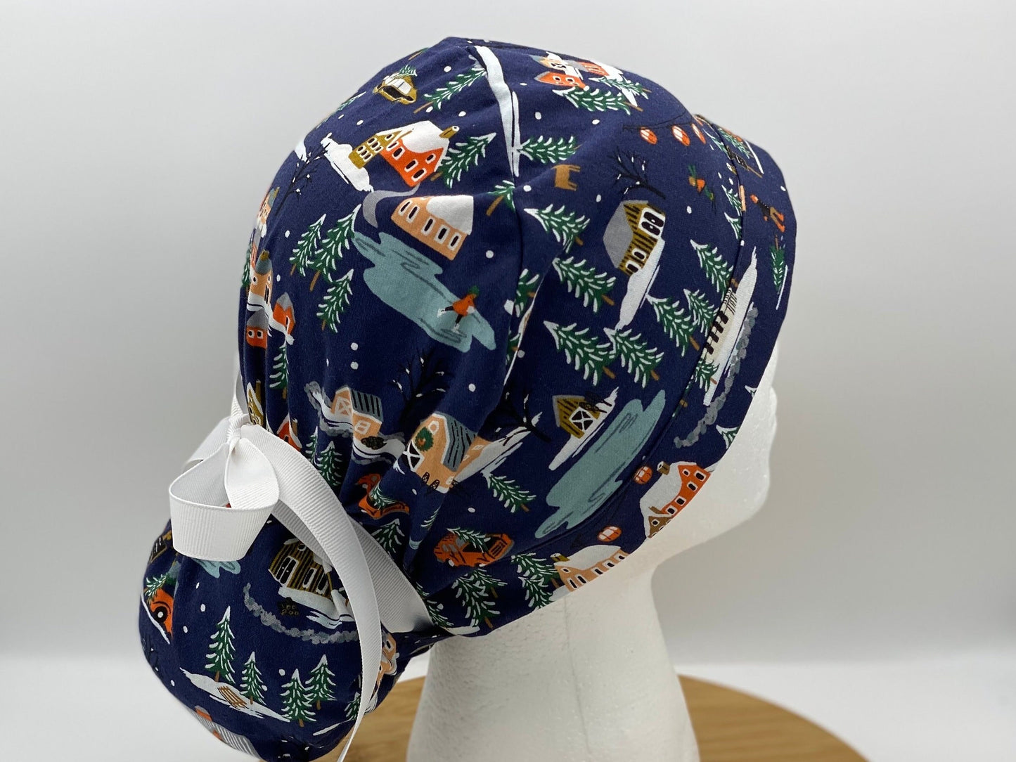 Navy Winter village scrub cap, Winter skiing scrub hat, Bonnet Head Designs