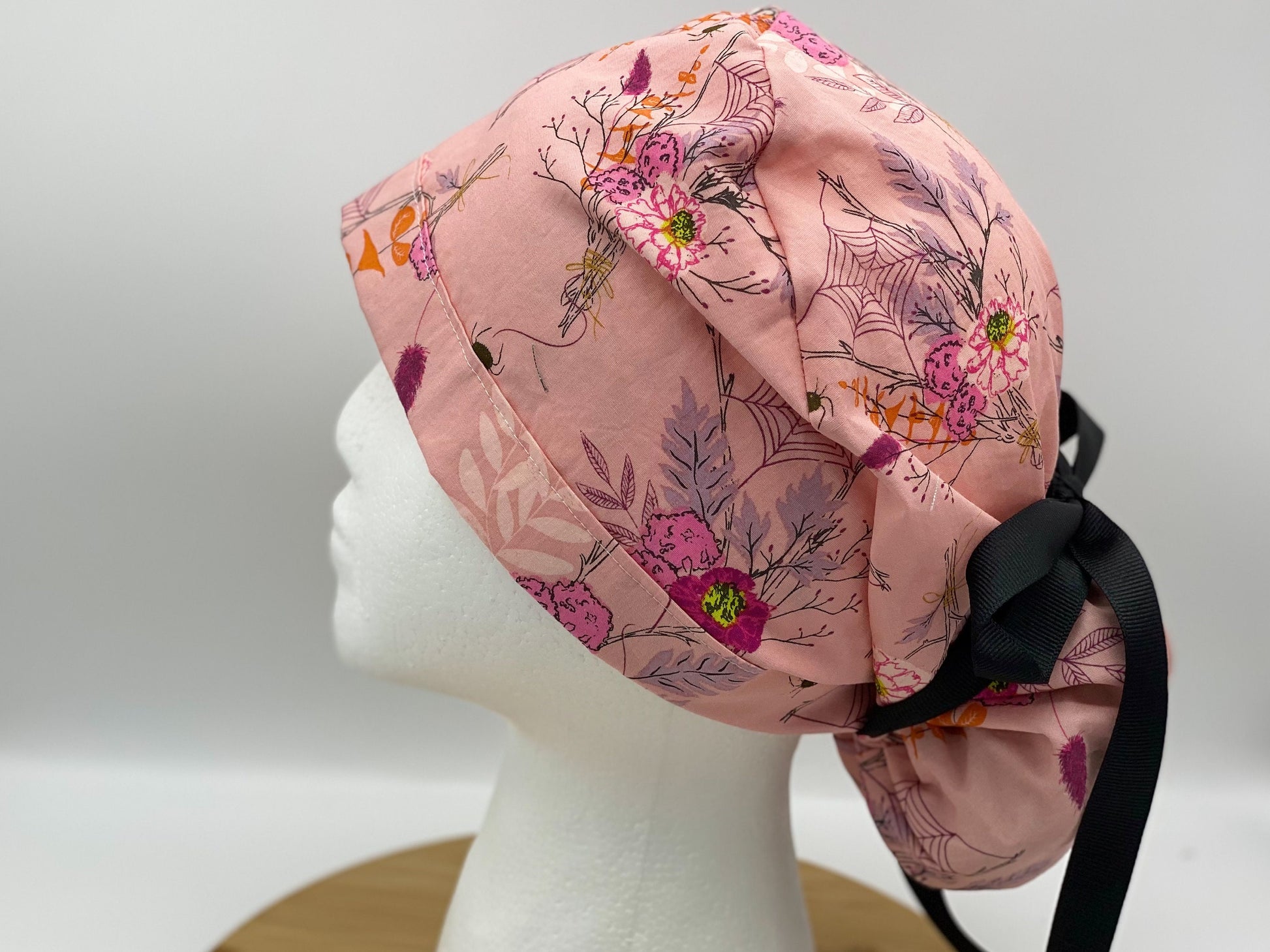 Pink Halloween floral scrub cap, women’s Halloween scrub hat