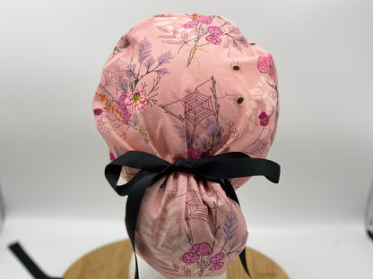 Pink Halloween floral scrub cap, women’s Halloween scrub hat