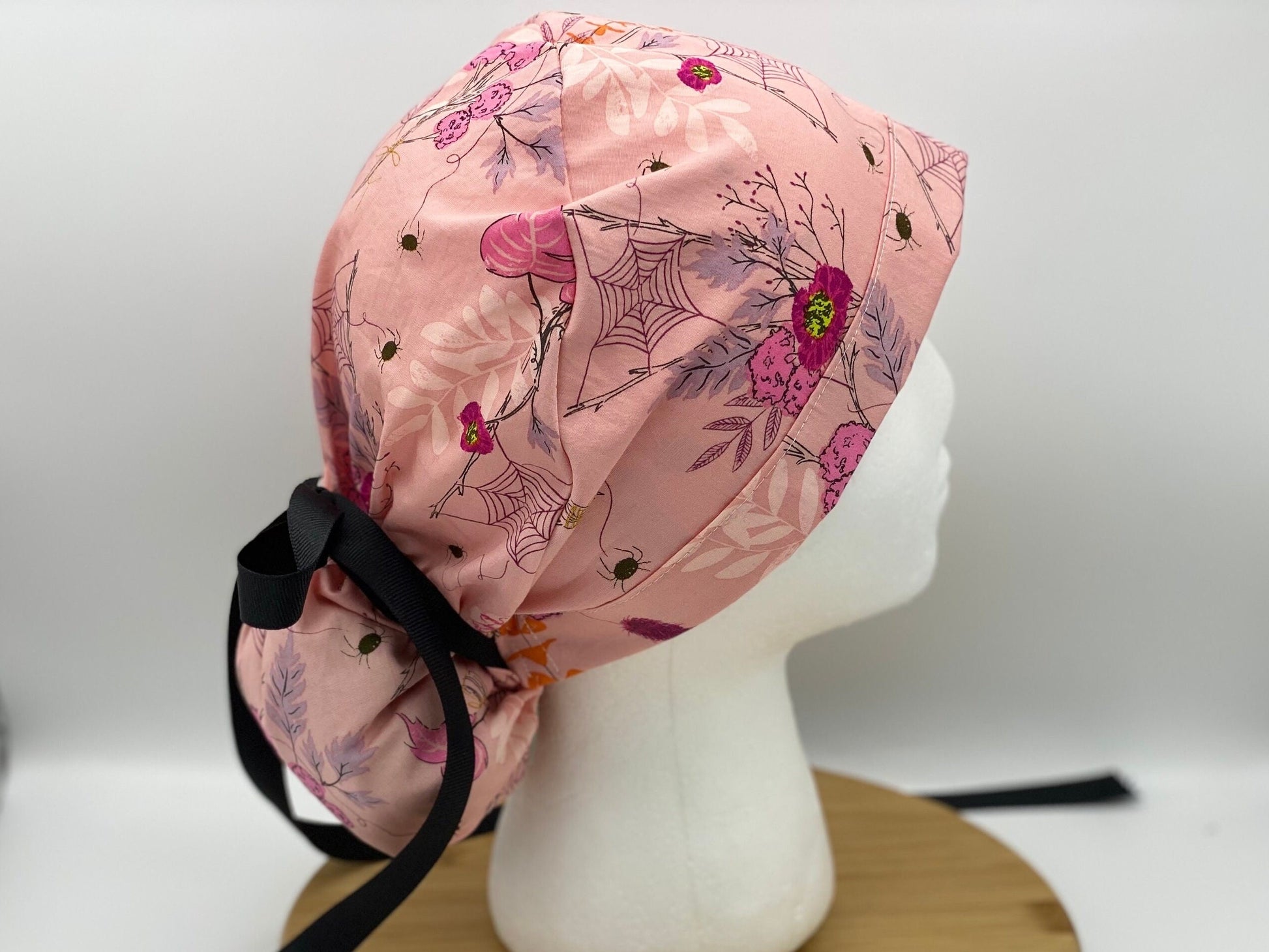 Pink Halloween floral scrub cap, women’s Halloween scrub hat