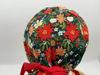 Rifle Paper Co Christmas fabric red and green poinsettias scrub cap, Holiday Classics Christmas floral women’s scrub hat