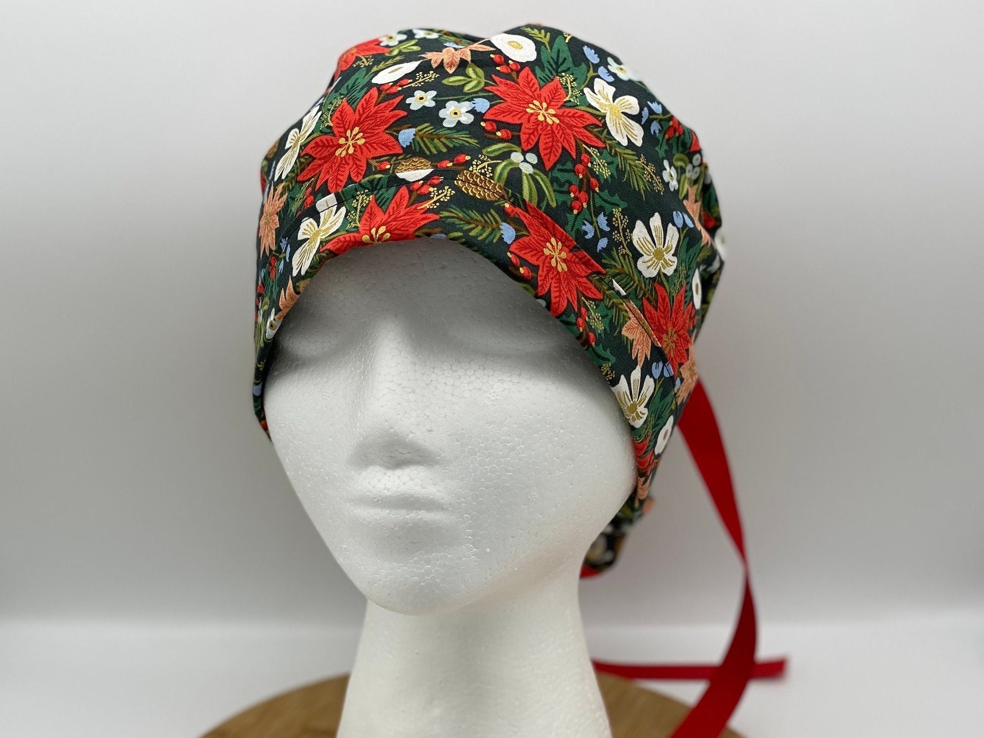 Rifle Paper Co Christmas fabric red and green poinsettias scrub cap, Holiday Classics Christmas floral women’s scrub hat