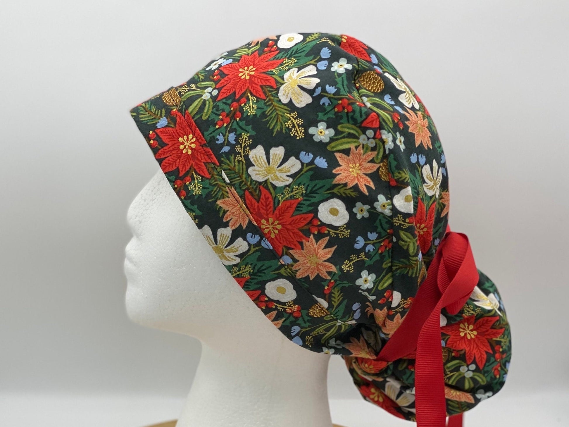 Rifle Paper Co Christmas fabric red and green poinsettias scrub cap, Holiday Classics Christmas floral women’s scrub hat