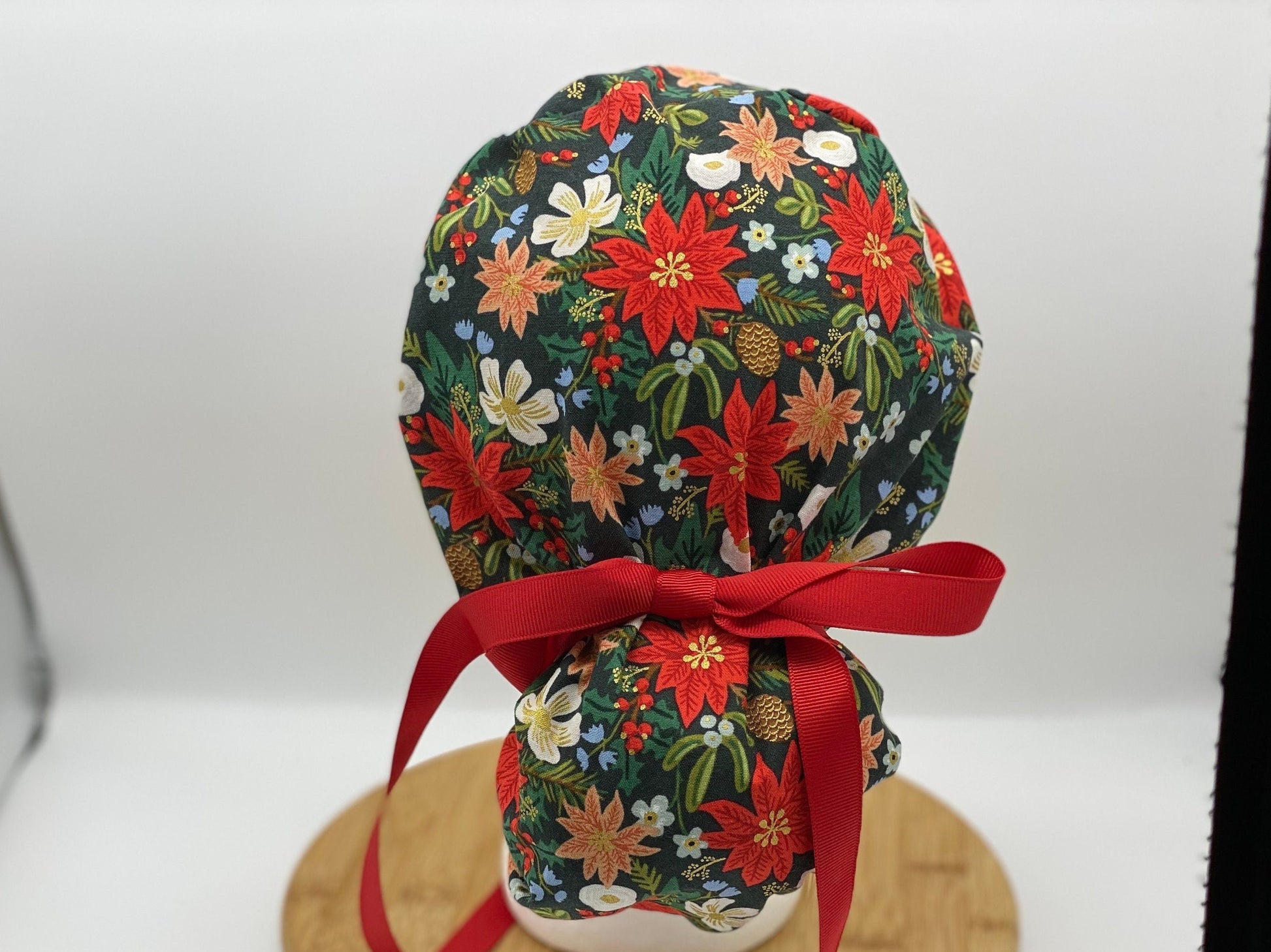 Rifle Paper Co Christmas fabric red and green poinsettias scrub cap, Holiday Classics Christmas floral women’s scrub hat