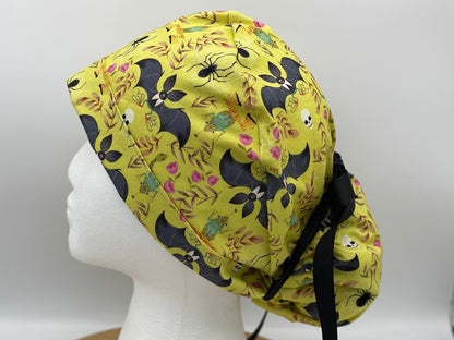 Halloween ponytail women’s scrub cap, green bat print Halloween scrub hat, adjustable pouch women’s scrub hat