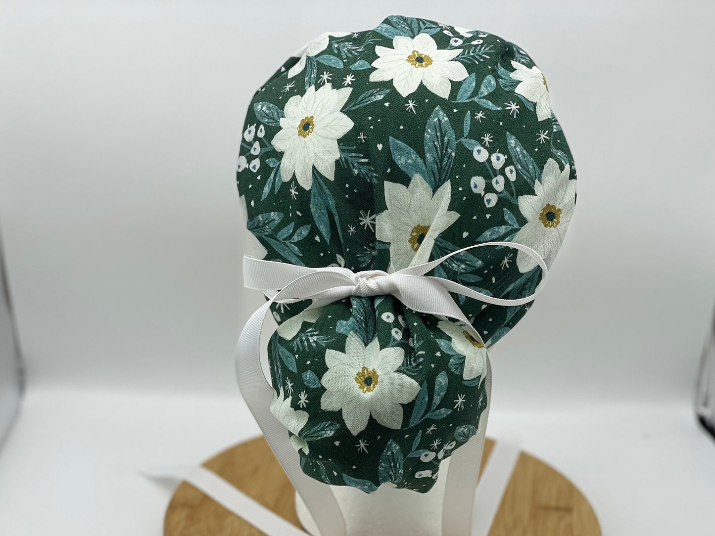 Winter floral women’s ponytail scrub cap, winter scrub hat, Bonnet Head Designs