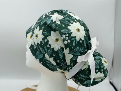 Winter floral women’s ponytail scrub cap, winter scrub hat, Bonnet Head Designs