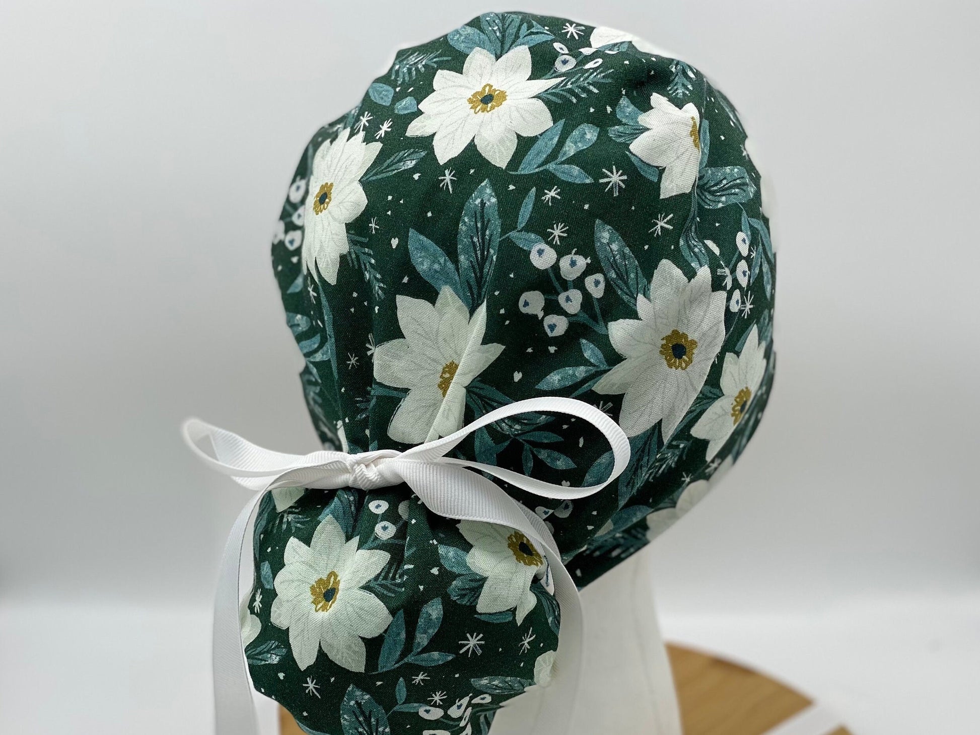 Winter floral women’s ponytail scrub cap, winter scrub hat, Bonnet Head Designs