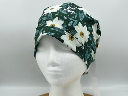 Winter floral women’s ponytail scrub cap, winter scrub hat, Bonnet Head Designs