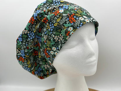 Green hunter meadow euro scrub hat, green meadow floral scrub cap, Bonnet Head Designs