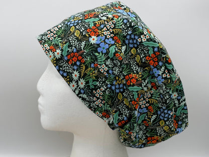 Green hunter meadow euro scrub hat, green meadow floral scrub cap, Bonnet Head Designs