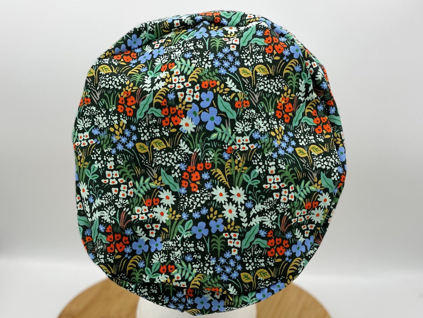 Green hunter meadow euro scrub hat, green meadow floral scrub cap, Bonnet Head Designs