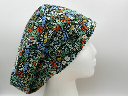 Green hunter meadow euro scrub hat, green meadow floral scrub cap, Bonnet Head Designs