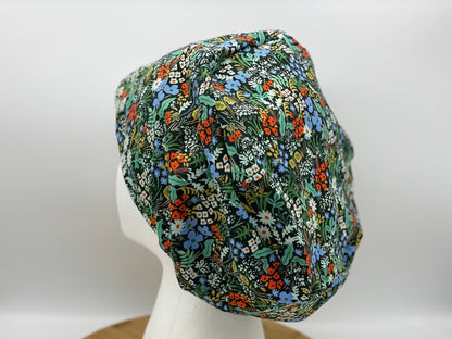 Green hunter meadow euro scrub hat, green meadow floral scrub cap, Bonnet Head Designs