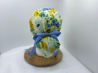 Blue, yellow, and green women’s floral scrub cap, adjustable pouch women’s scrub hat, Bonnet Head Designs