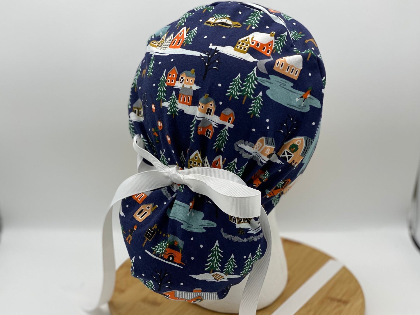 Navy Winter village scrub cap, Winter skiing scrub hat, Bonnet Head Designs