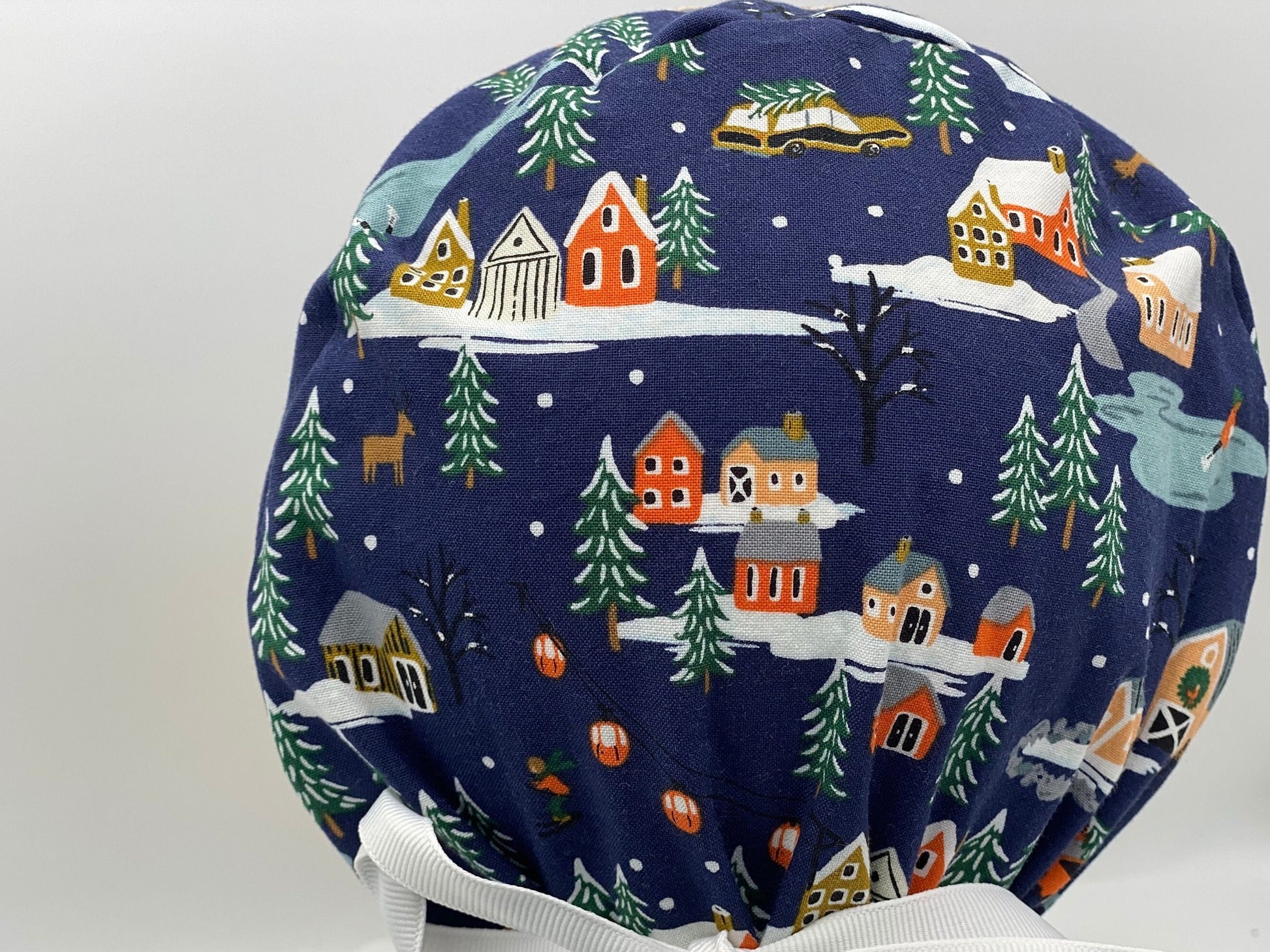 Navy Winter village scrub cap, Winter skiing scrub hat, Bonnet Head Designs