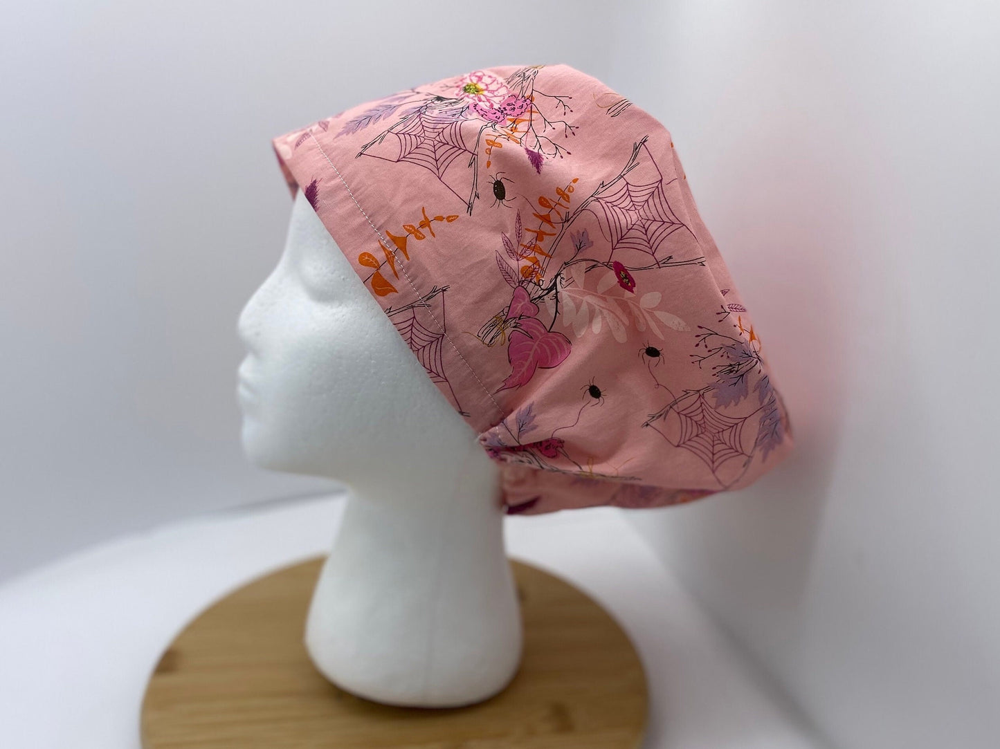 Pink Halloween floral euro scrub cap, women’s Halloween euro scrub hat