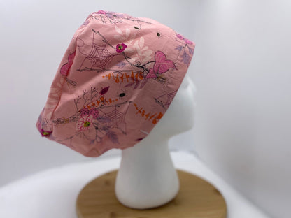 Pink Halloween floral euro scrub cap, women’s Halloween euro scrub hat