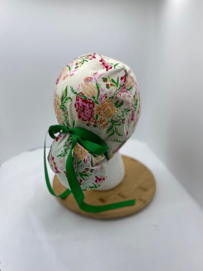 Kelly green floral women’s hat with satin lining option, adjustable pouch scrub cap