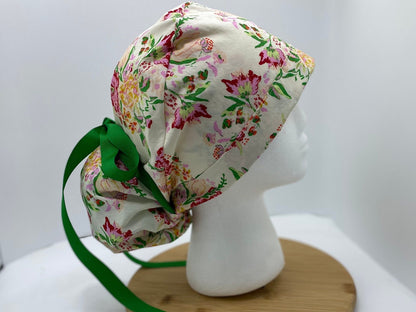 Kelly green floral women’s hat with satin lining option, adjustable pouch scrub cap