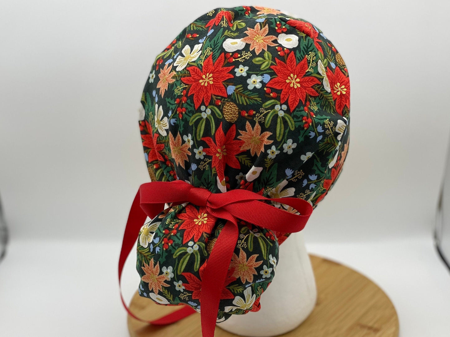 Rifle Paper Co Christmas fabric red and green poinsettias scrub cap, Holiday Classics Christmas floral women’s scrub hat