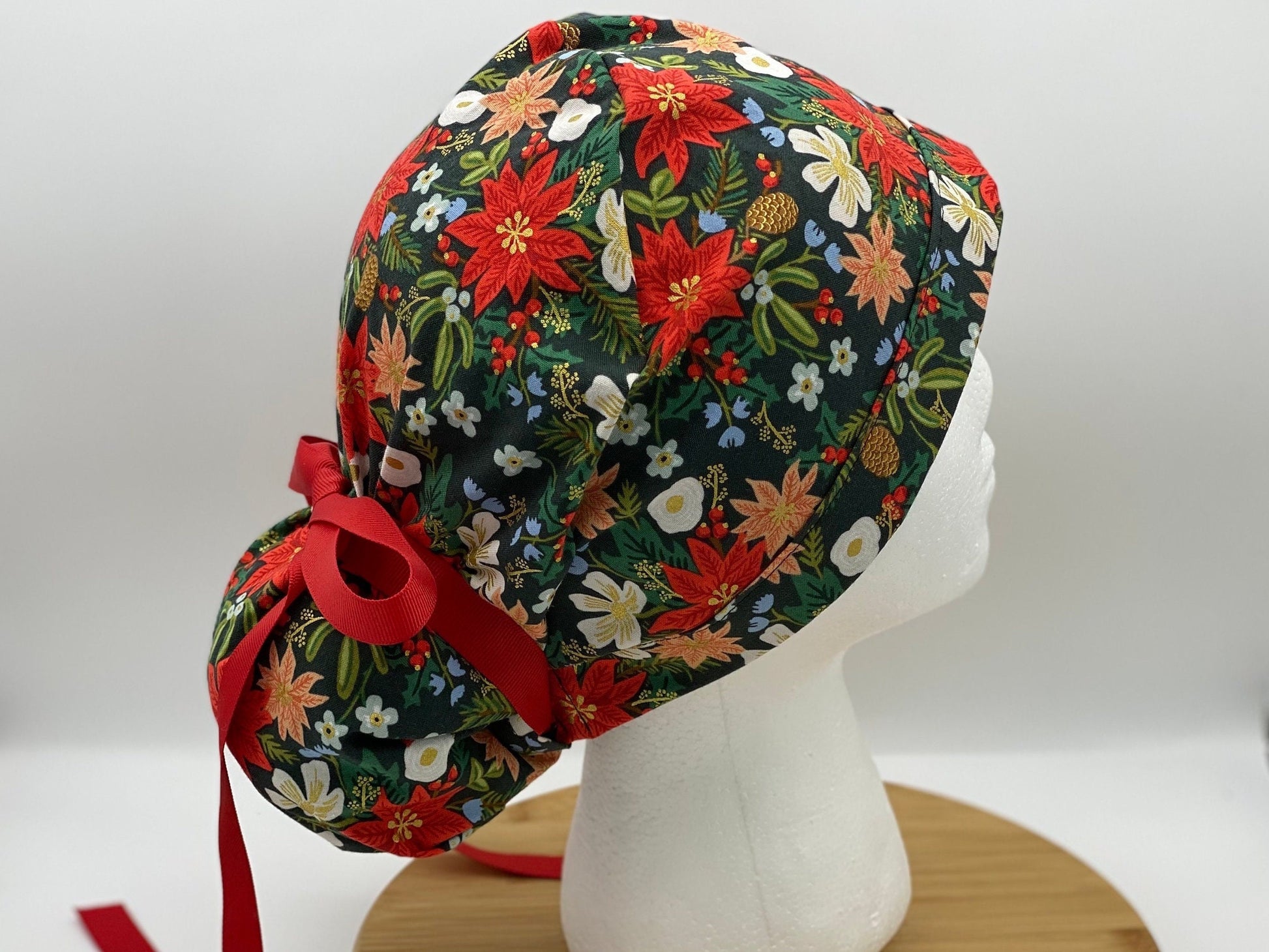 Rifle Paper Co Christmas fabric red and green poinsettias scrub cap, Holiday Classics Christmas floral women’s scrub hat