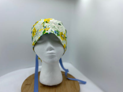 Blue, yellow, and green women’s floral scrub cap, adjustable pouch women’s scrub hat, Bonnet Head Designs