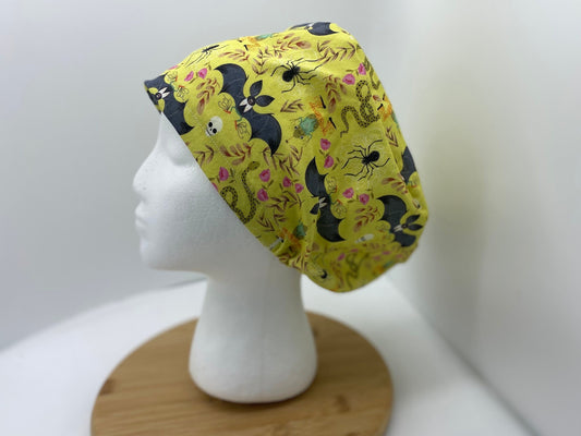 Halloween euro women’s scrub cap, green bat print Halloween euro scrub hat, women’s Halloween scrub hat