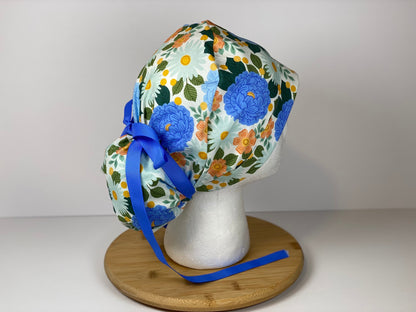 Blue floral women’s scrub cap, blue floral ponytail scrub hat