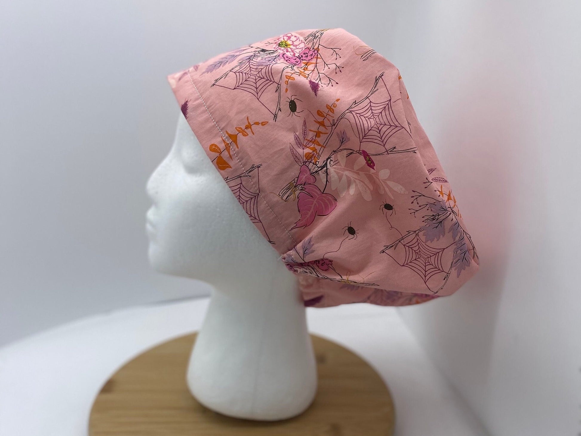 Pink Halloween floral euro scrub cap, women’s Halloween euro scrub hat