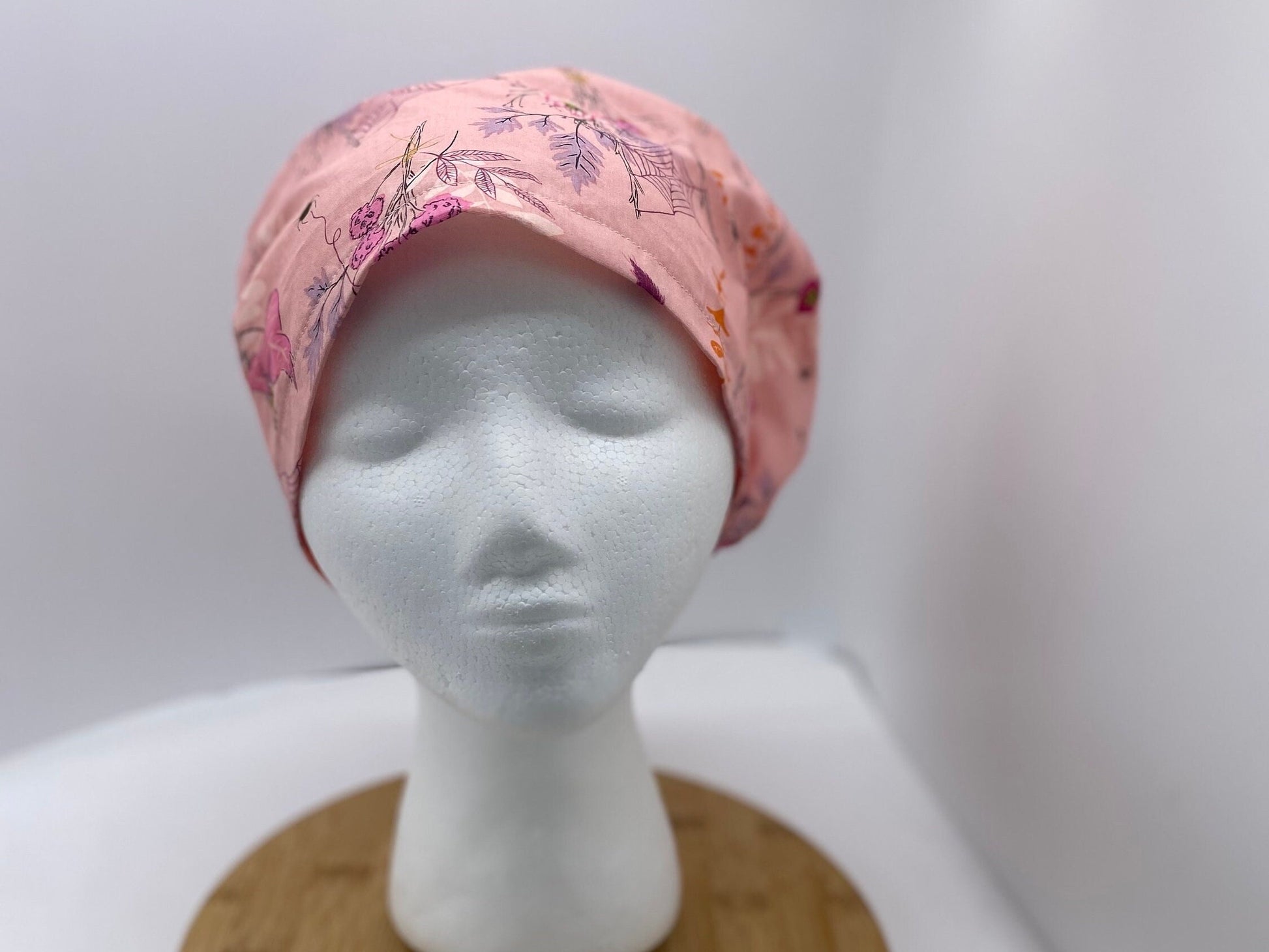 Pink Halloween floral euro scrub cap, women’s Halloween euro scrub hat