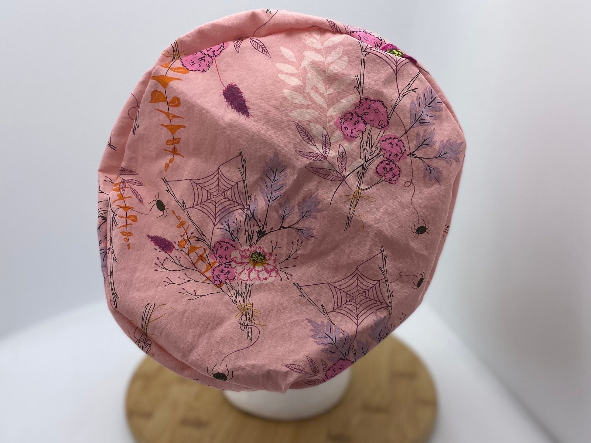 Pink Halloween floral euro scrub cap, women’s Halloween euro scrub hat