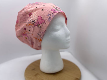 Pink Halloween floral euro scrub cap, women’s Halloween euro scrub hat