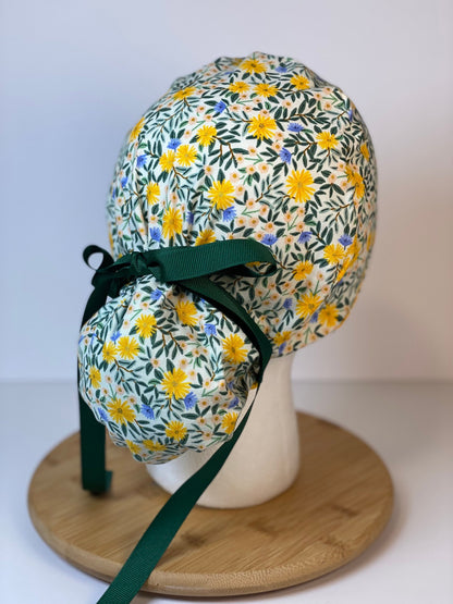 Rifle Paper Co fabric Daisy fields fabric scrub cap, yellow floral ponytail womens scrub cap