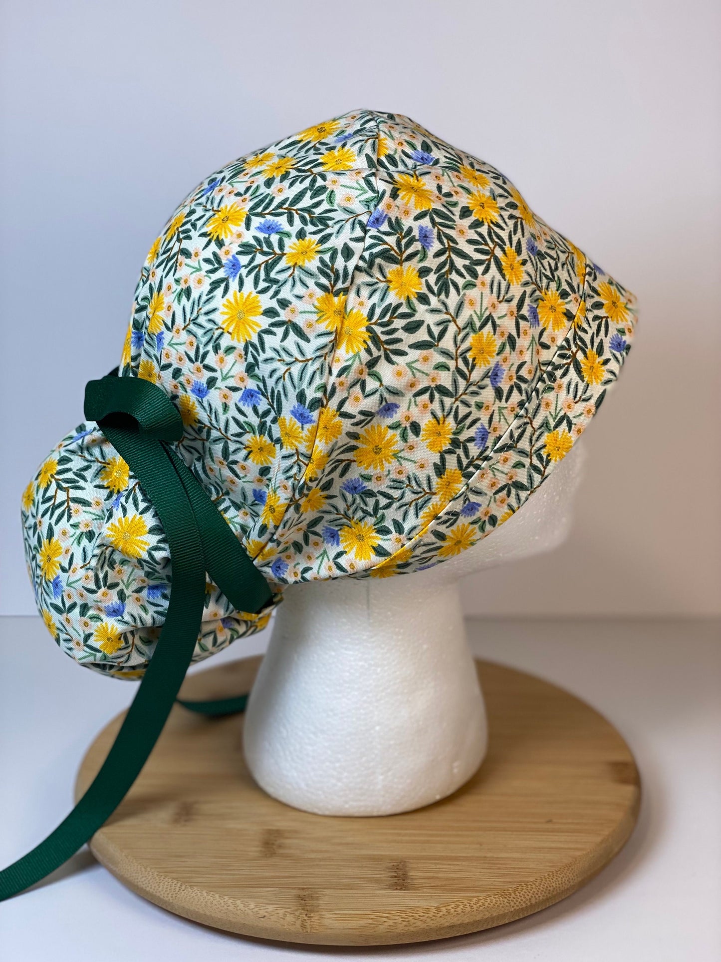 Rifle Paper Co fabric Daisy fields fabric scrub cap, yellow floral ponytail womens scrub cap