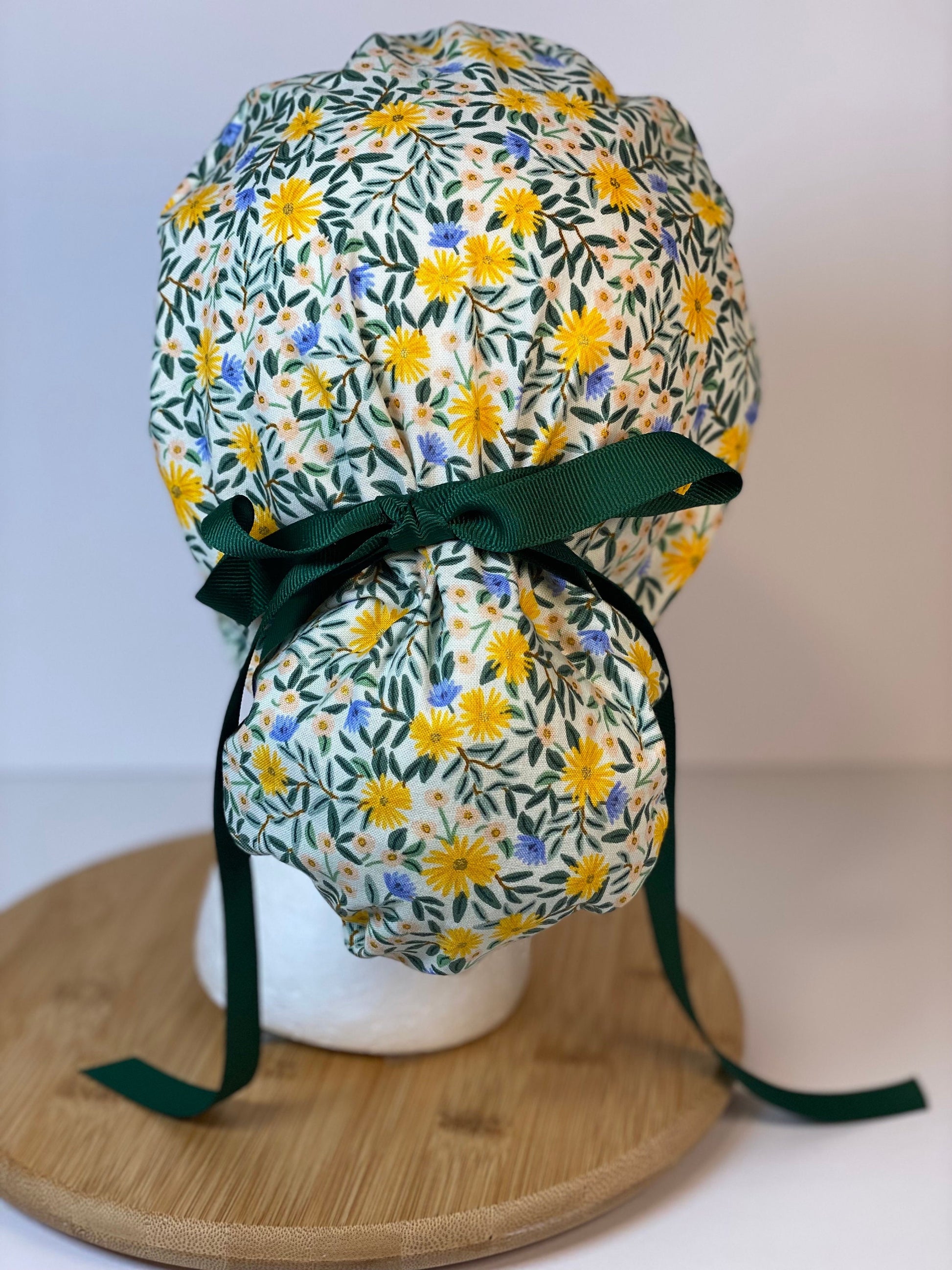 Rifle Paper Co fabric Daisy fields fabric scrub cap, yellow floral ponytail womens scrub cap