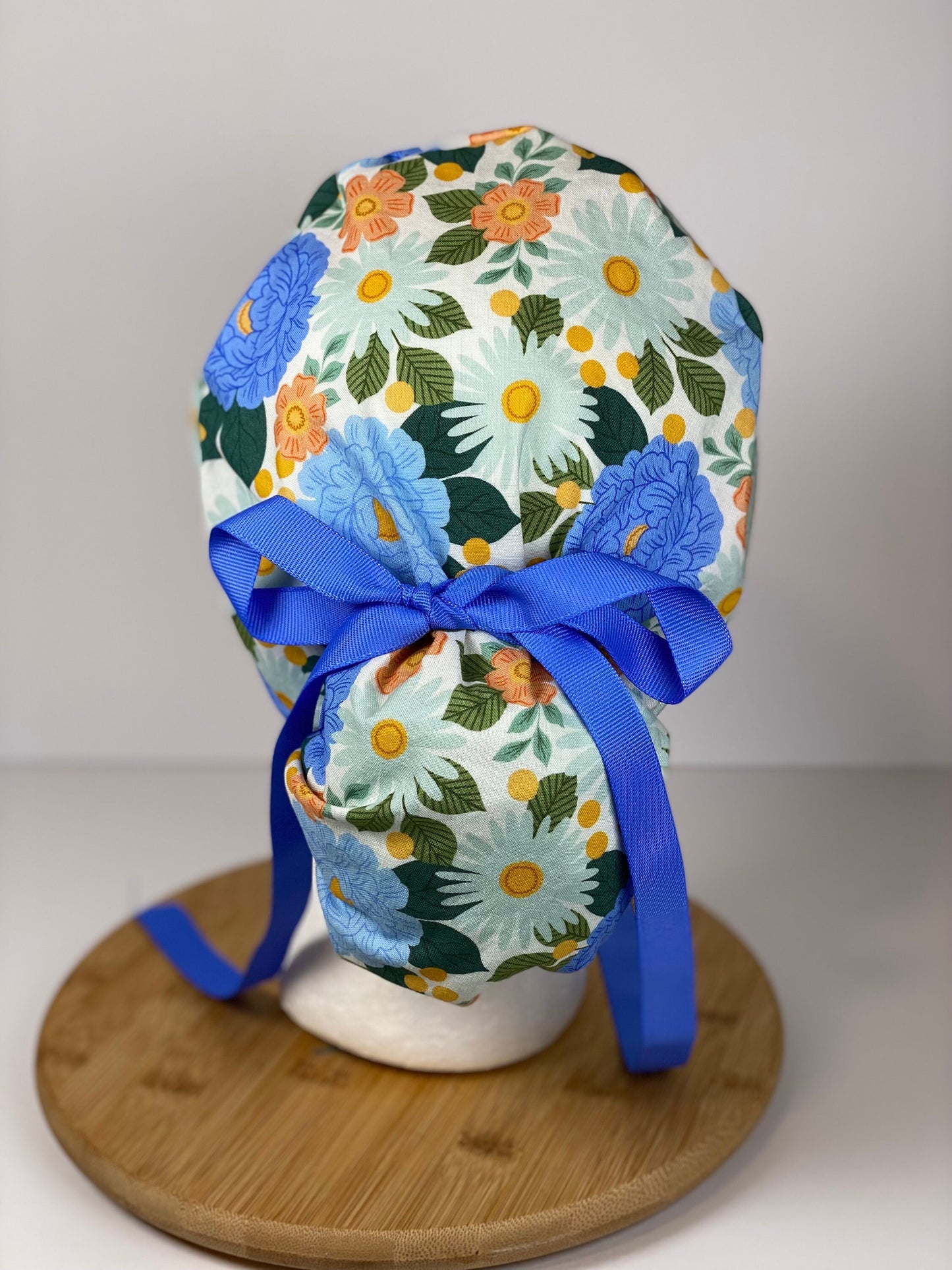 Blue floral women’s scrub cap, blue floral ponytail scrub hat