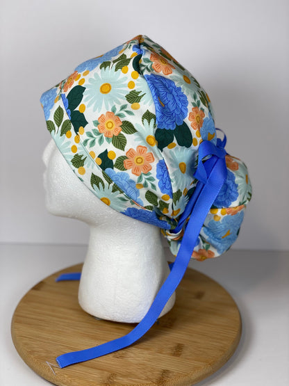 Blue floral women’s scrub cap, blue floral ponytail scrub hat