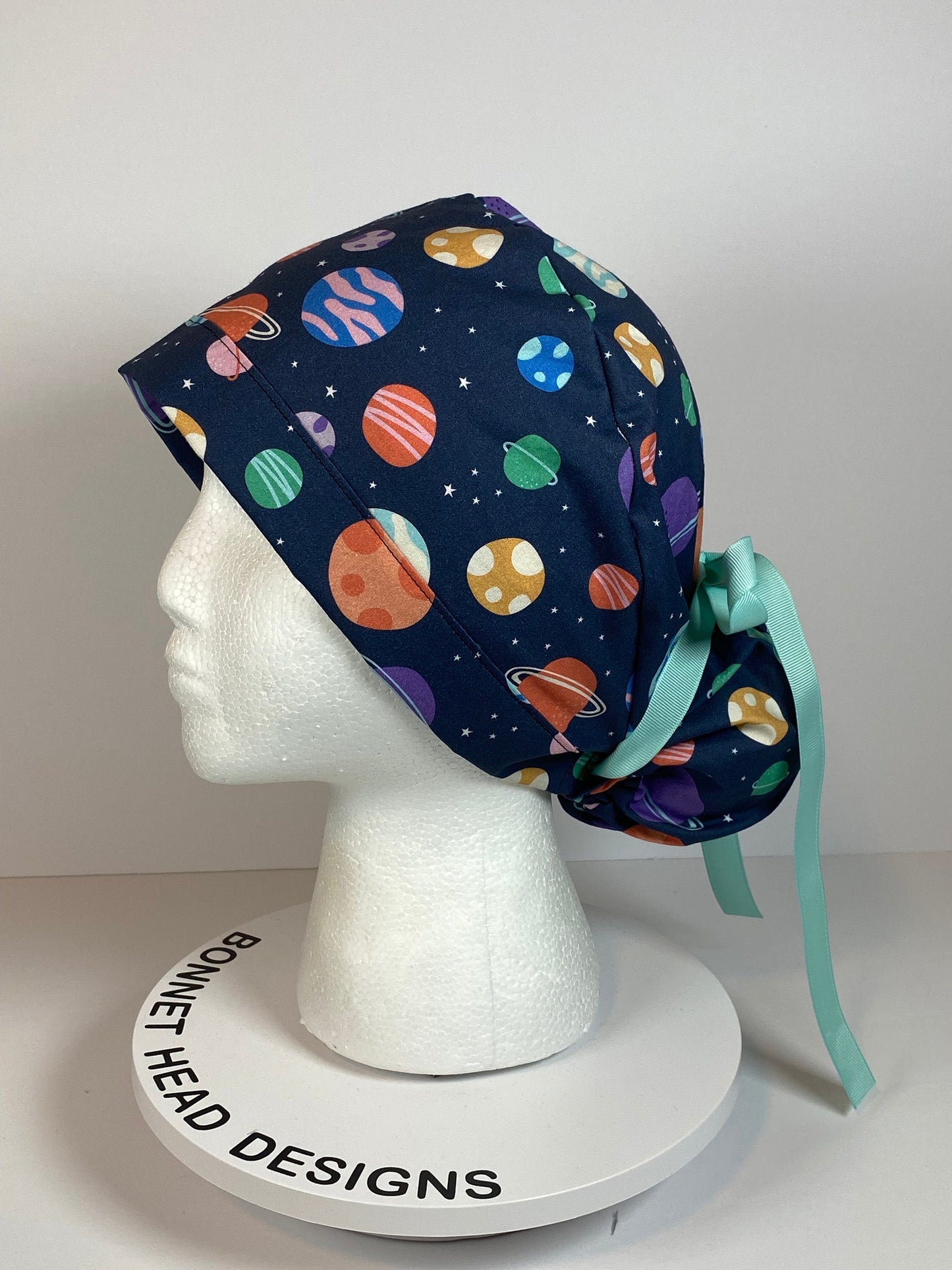 Space print women’s scrub cap, outer space planets ponytail scrub hat