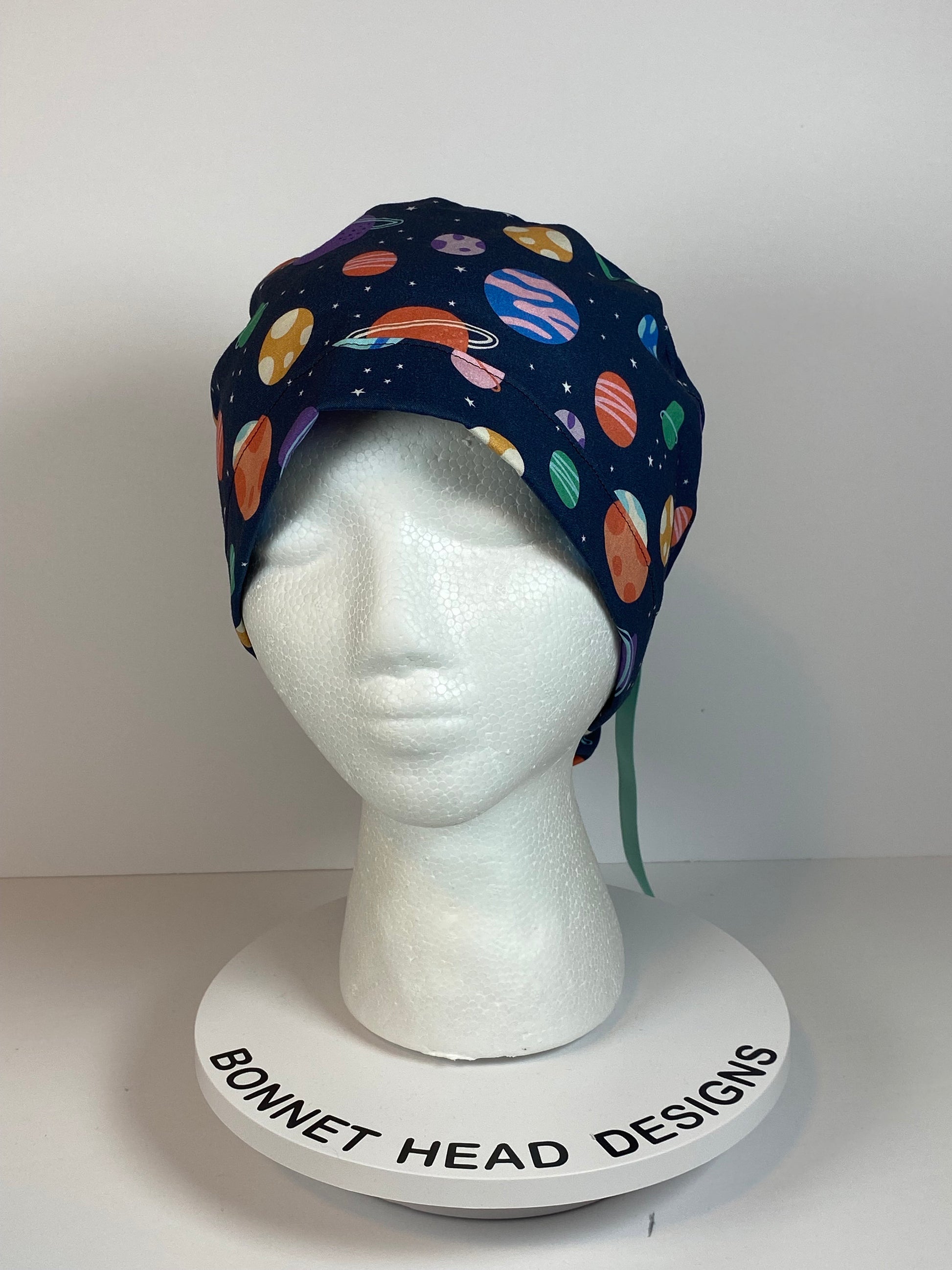 Space print women’s scrub cap, outer space planets ponytail scrub hat