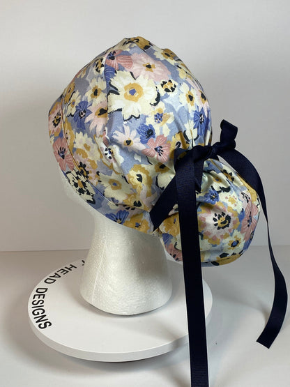 Navy pink purple floral scrub cap, purple floral women’s scrub cap, Bonnet Head Designs